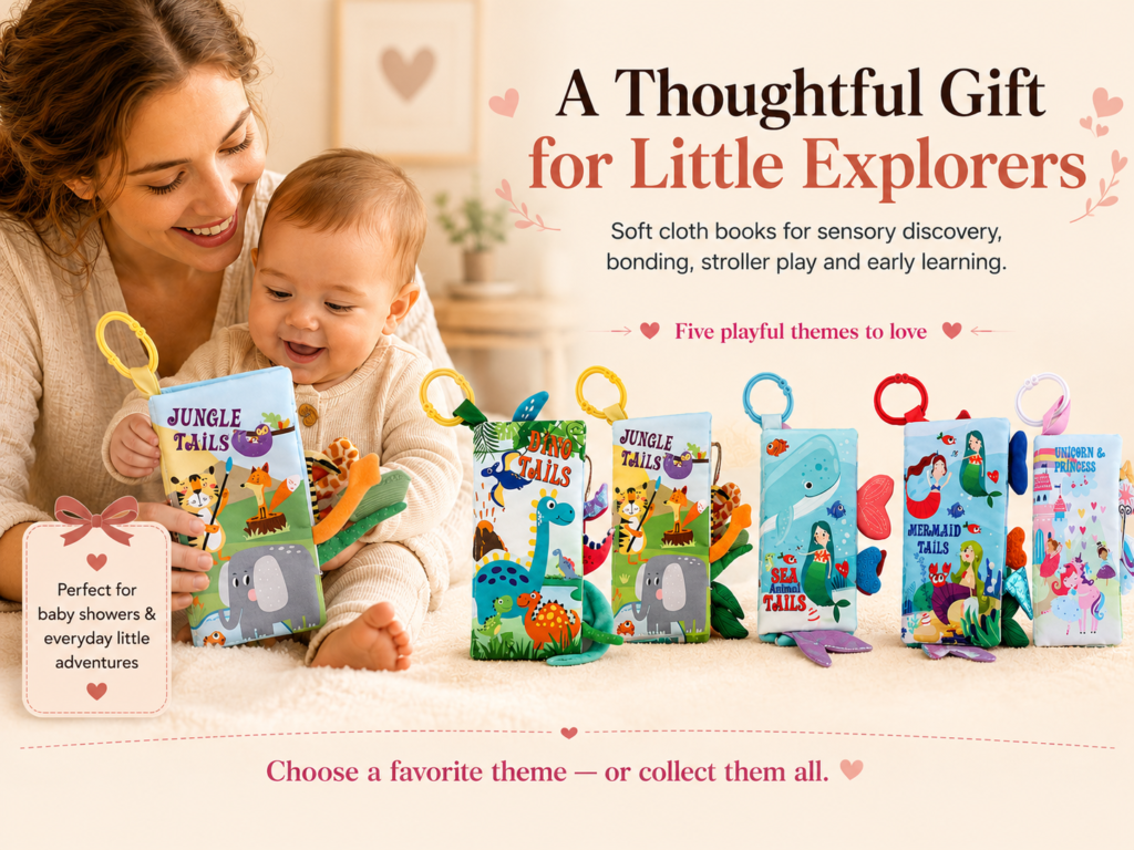 animal tails baby books and crinkle soft books for babies with teethers and ring for strollers and travel toy, on-the-go toys