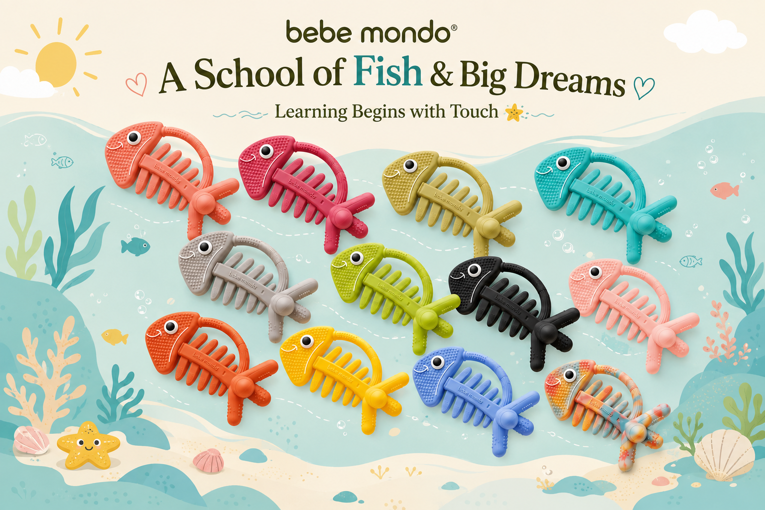 bebe mondo silicone fish teethers in 11 beautiful colors developmental sensory toys for babies & toddlers