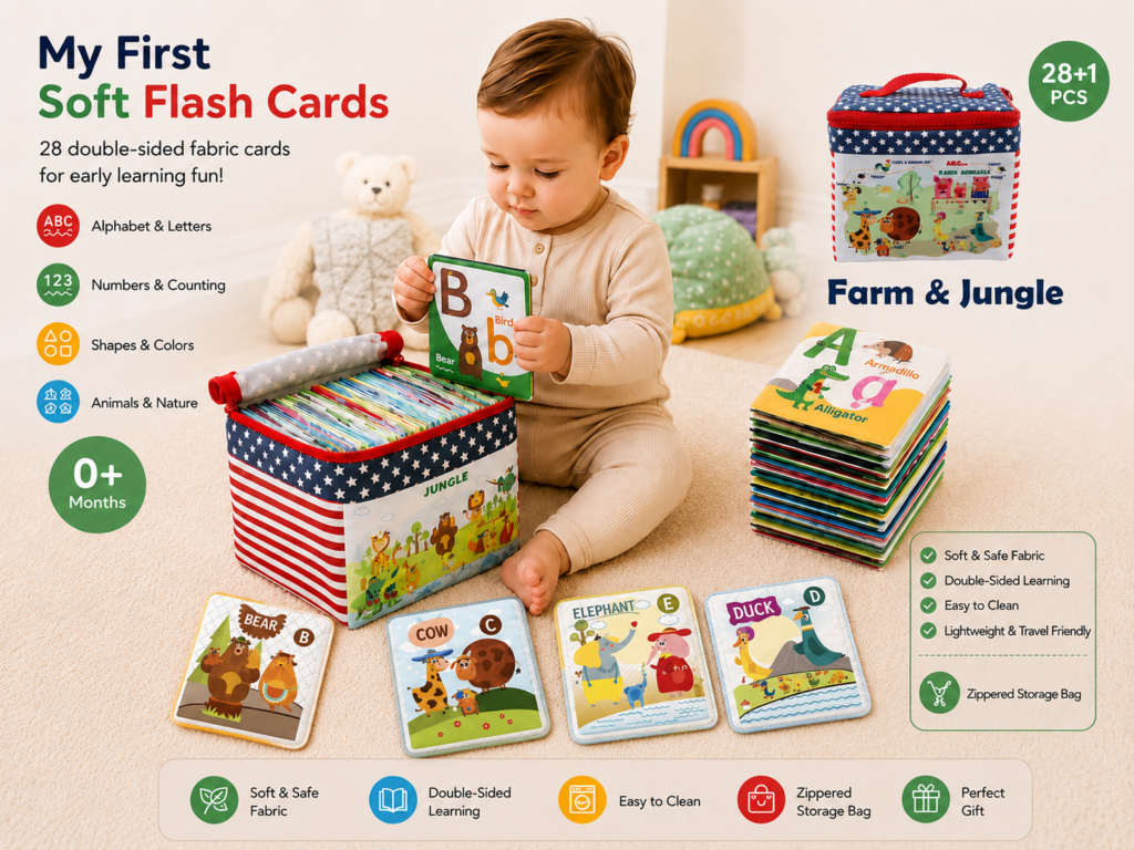 Alphabet flashcards early learning toys for babies and toddlers, farm jungle flash cards soft cloth book