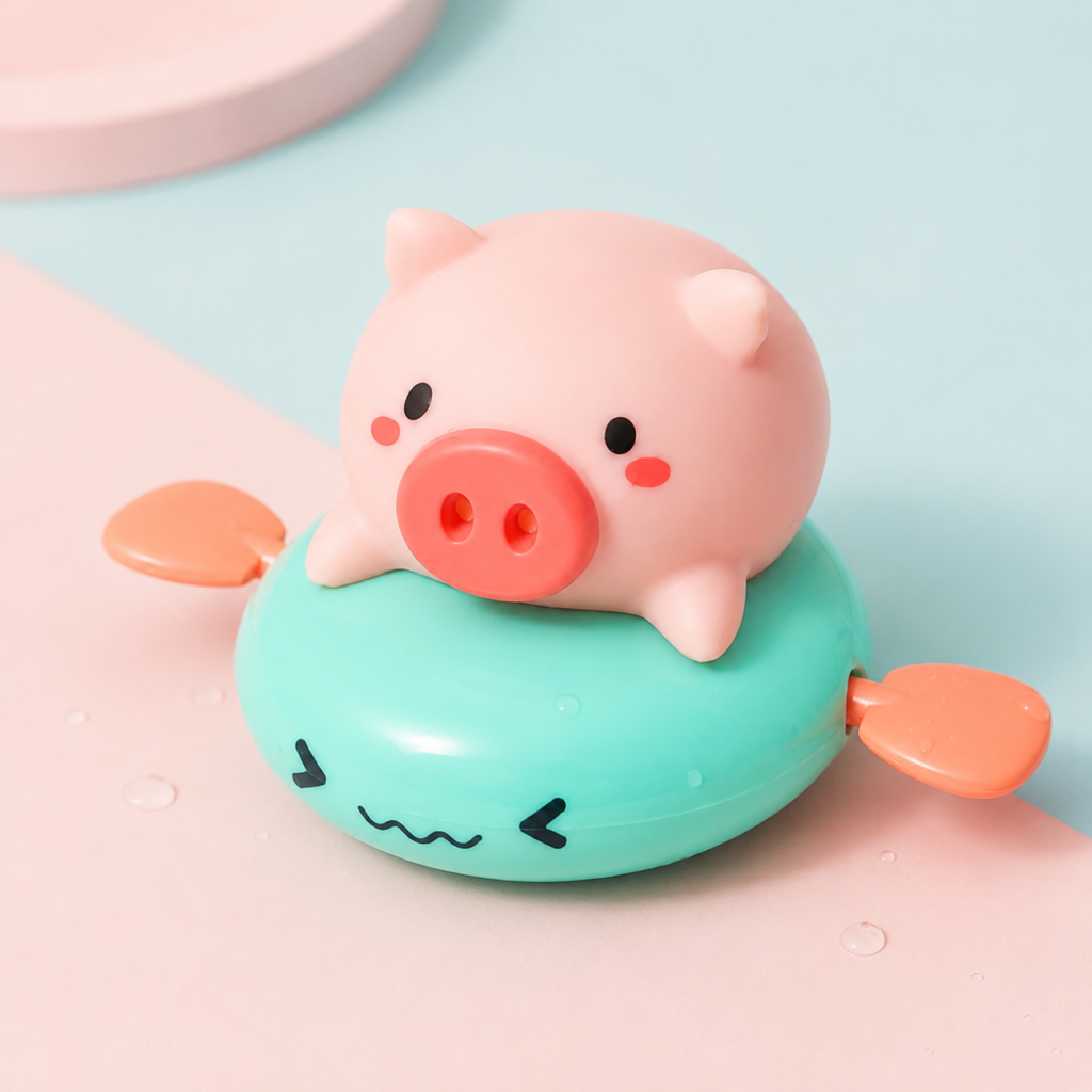 a cute pig toy bath toy swimmer rest in beach with fish whale friends