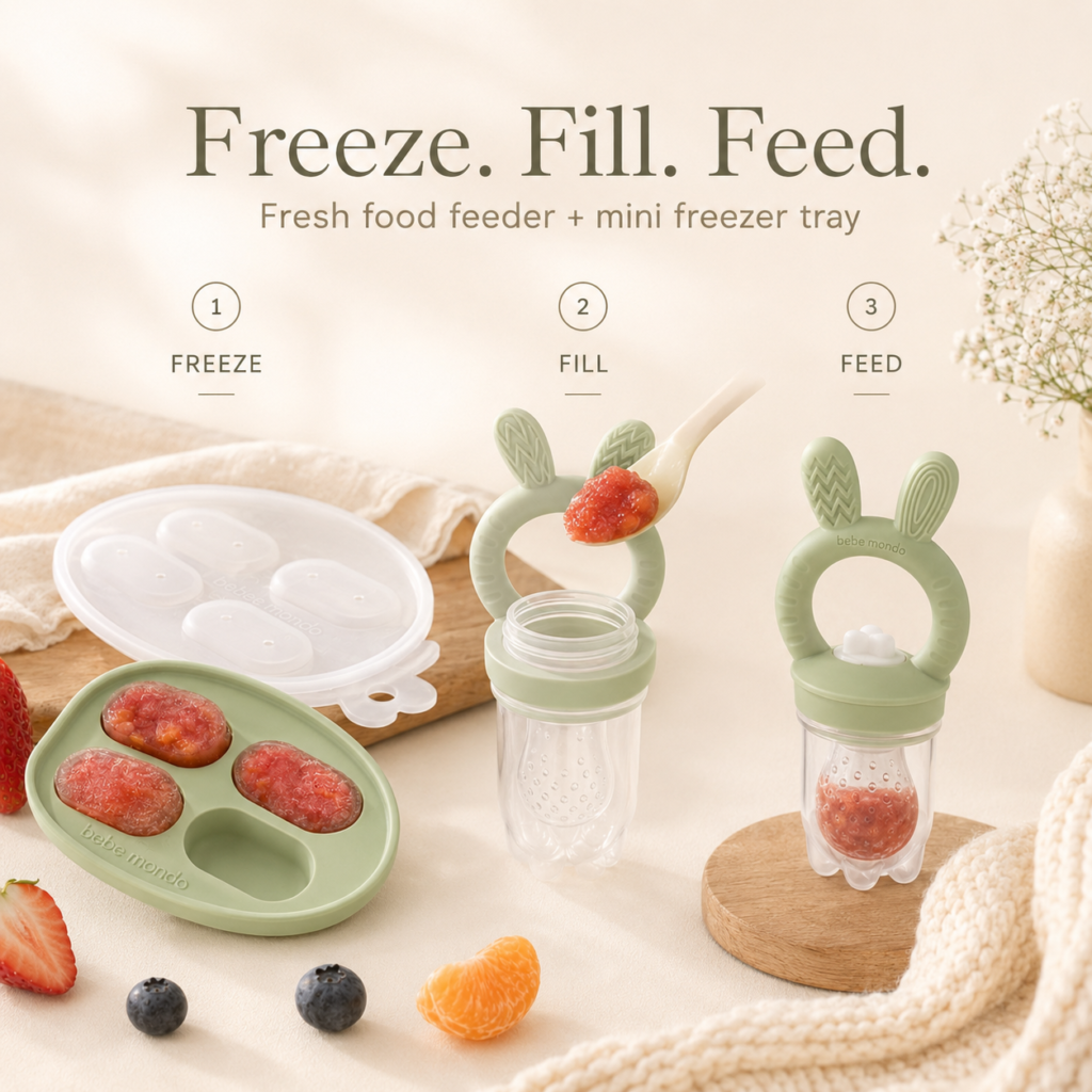fruit feeder and freezer tray for babies and toddlers with silicone teether textured