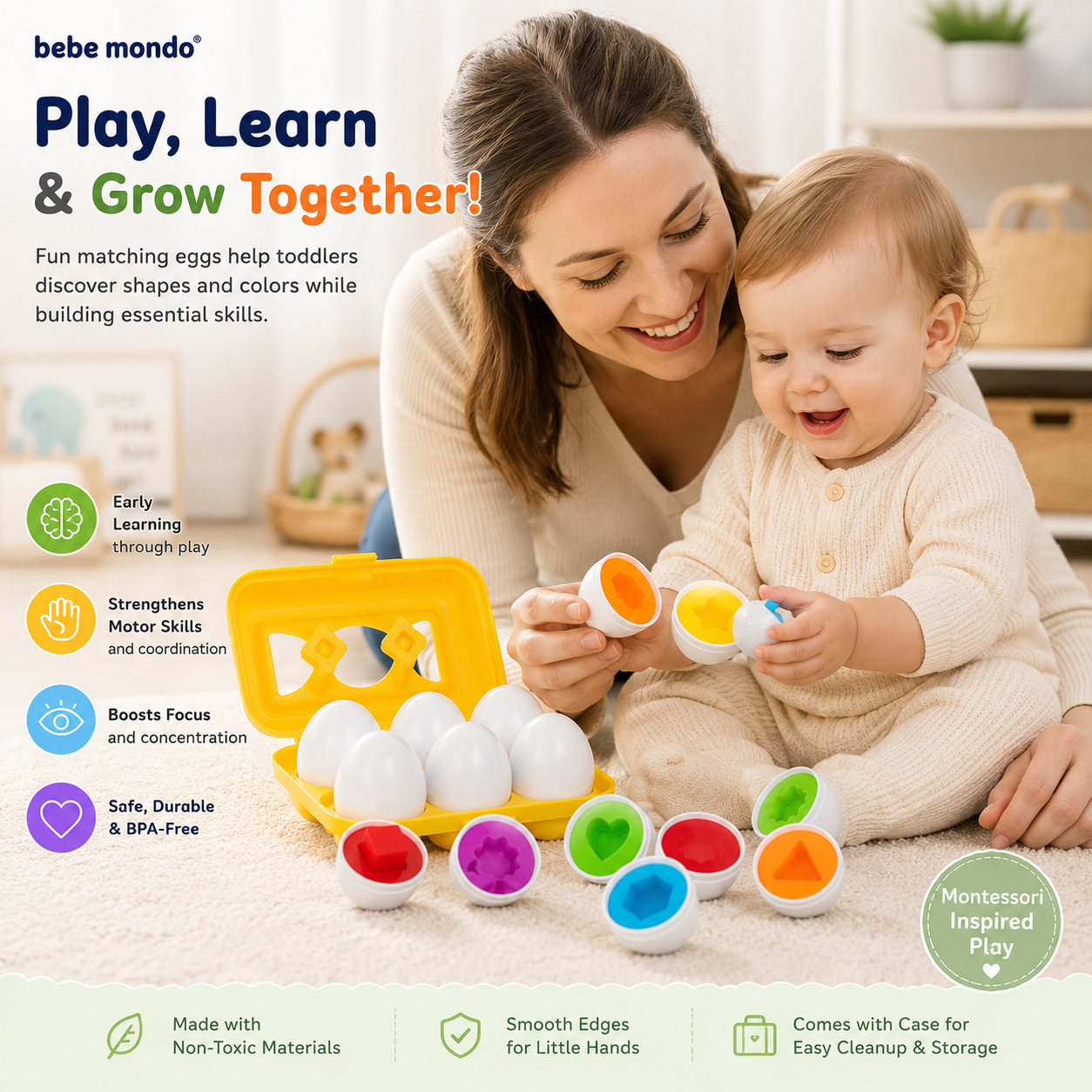 play, learn and grow together with matching eggs educational toys, 6 eggs, 6 colors, baby and mom play shape and colors with bebe mondo eggs