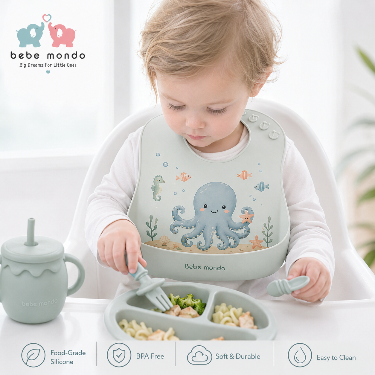 baby has a nice octopus baby bib with feeding set plate and sippy cup bebe mondo brand new color and design