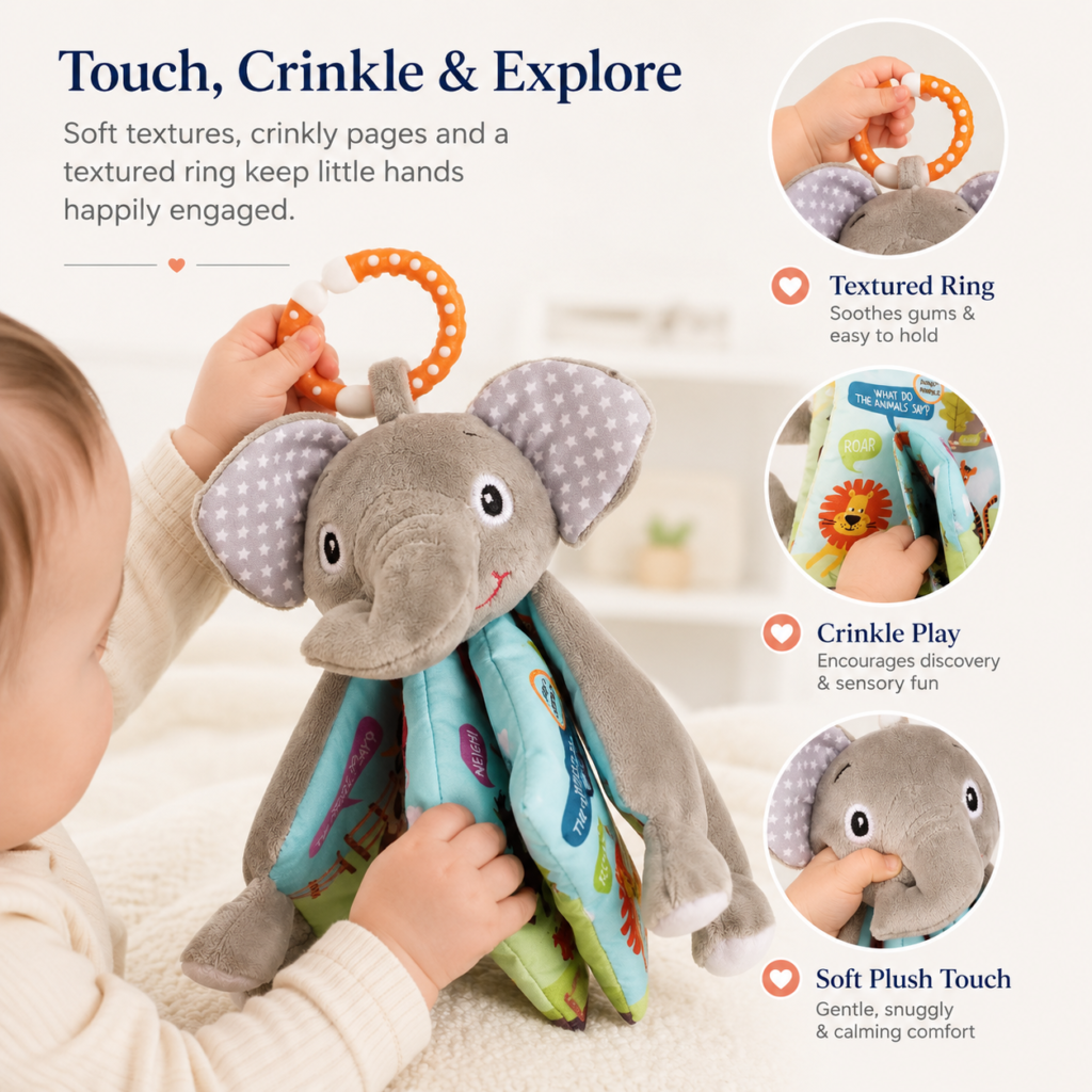 elephant mini baby book, crinkle book with teether perfect for tiny hands