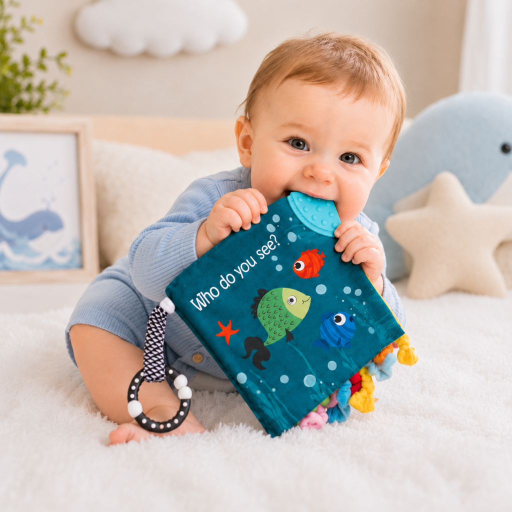 fish baby book crinkle books and teething toys for babies toddlers with corner teether baby is chewing the book and teethers