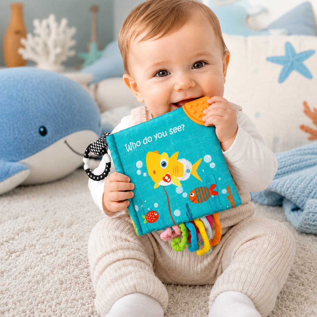 baby shark teething toys, baby shark crinkle books for babies with mirror and teethers