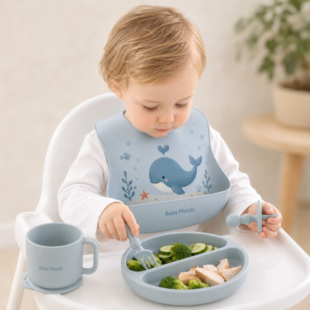 launch time or breakfast time for babies with nice silicine bib blue color whale design and feeding set on high chair